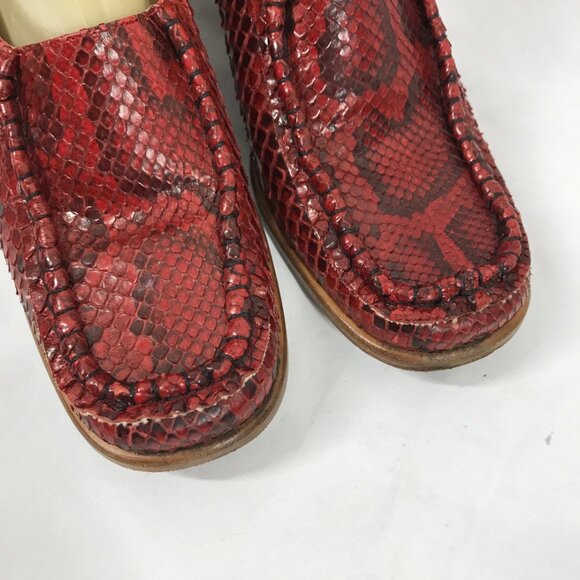 Vintage 90s Loafers Red Snakeskin and Leather Chunky Heel Square Toe Shoes Mare - Picture 2 of 8